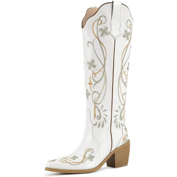 Shoes - Women's White Floral Embroidered Pointed Toe Chunky Heel Classic Cowboy Boots